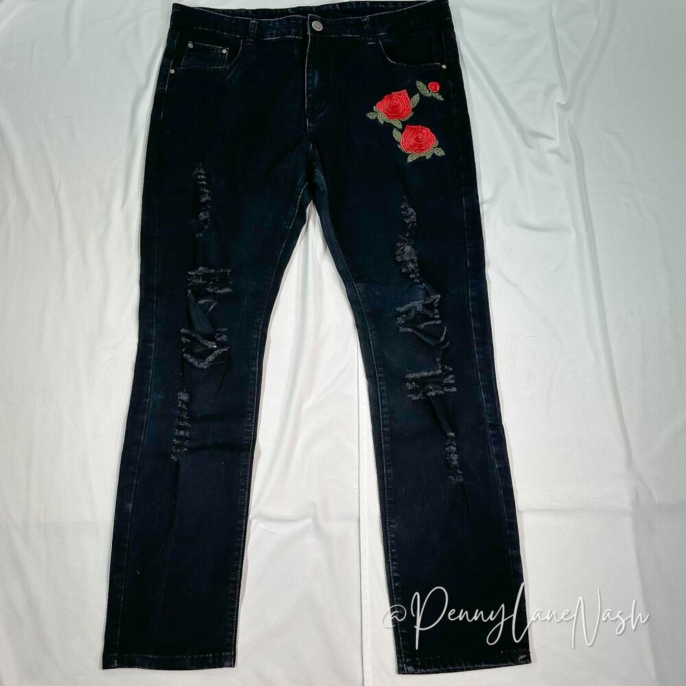Shein Black Distressed Embroidered Skinny Jeans Size 38 - Picture 1 of 10